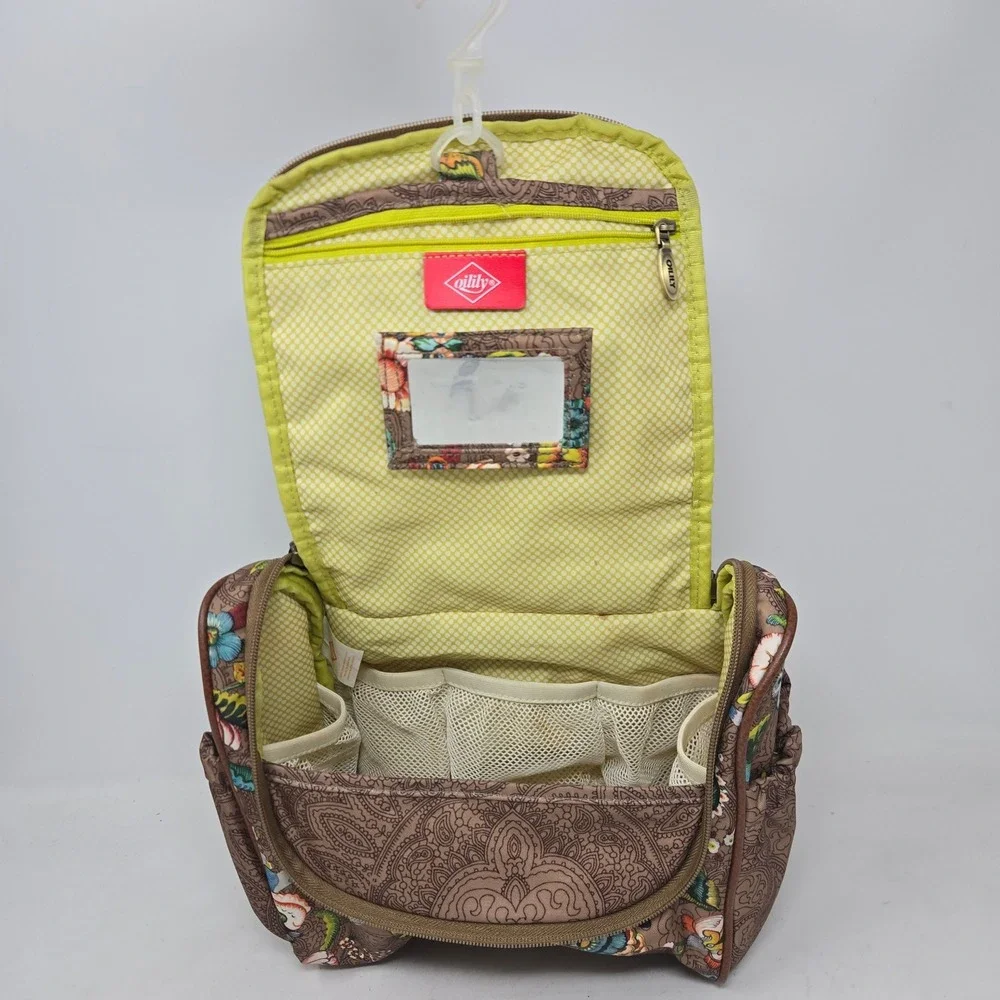 Oilily Floral Paisley Hanging Toiletry Bag Travel Makeup Case Brown Multi